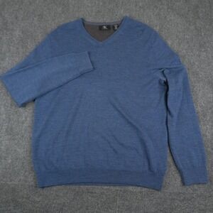 Calvin Klein V-Neck Sweater Mens Large Blue Extra Fine 100% Merino Wool